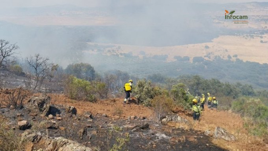 Los efectivos trabajan en la extinción del incendio de Brazatortas (Ciudad Real)