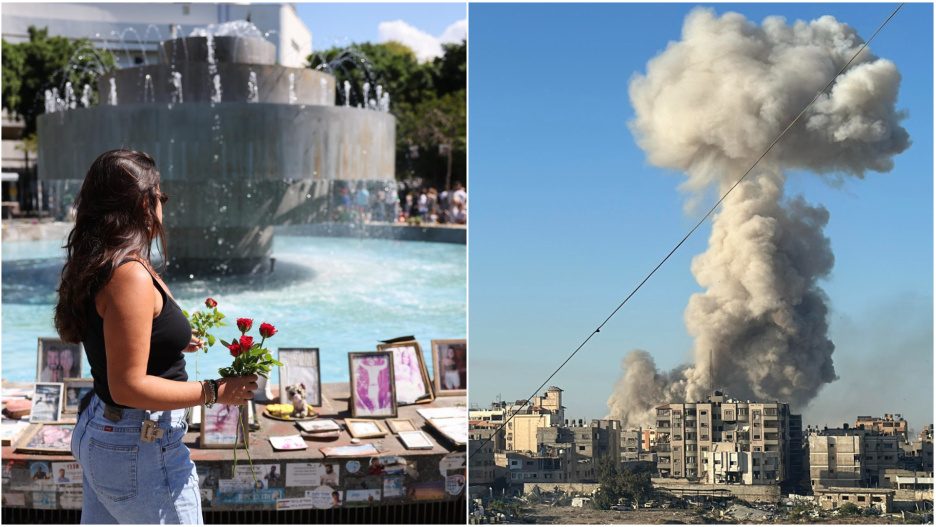 Homenaje en Israel a las víctimas del ataque de Hamás del 7 de octubre de 2023 (izda.).Uno de los últimos bombardeos israelíes sobre Gaza (dcha.)