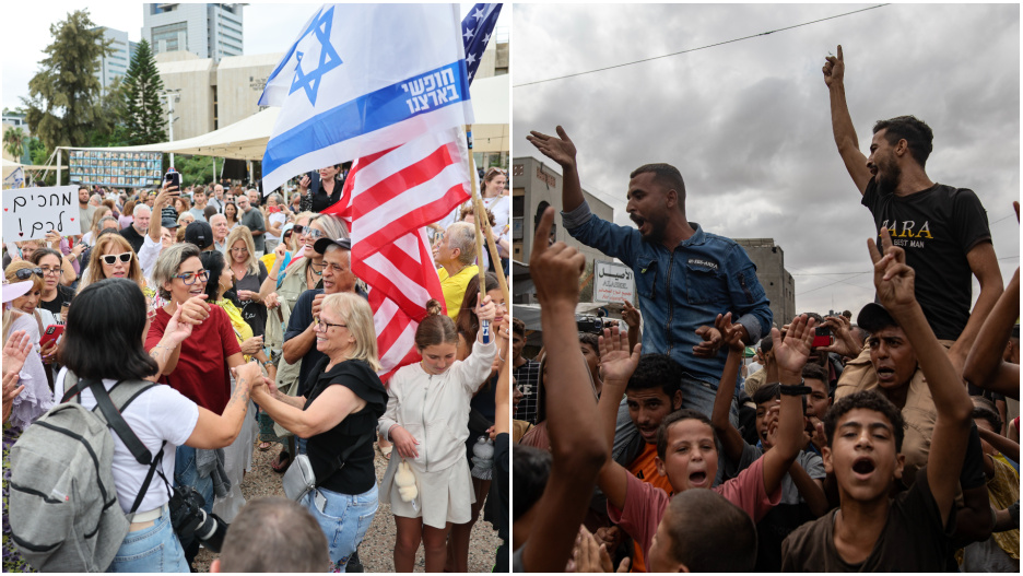 Celebraciones en Israel (izda.) y en Gaza (dcha.) por el acuerdo de paz