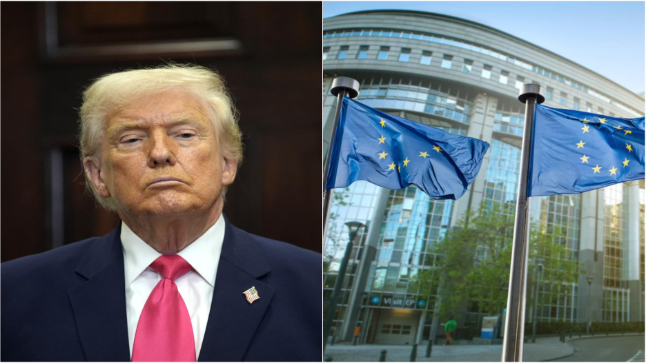 El presidente de Estados Unidos, Donald Trump (izda.) y banderas de la Unión Europea (dcha.)