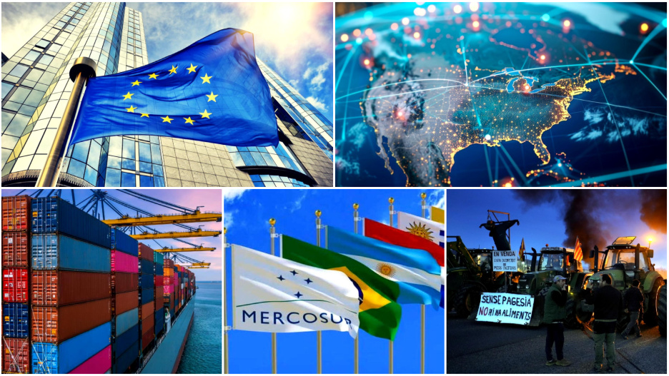Bandera de la UE (arriba izda.), Mapa de EE. UU. (arriba dcha), Barco portacontenedores (abajo izda.), banderas del Mercosur (abajo centro) y tractorada en Cataluña (abajo dcha.)