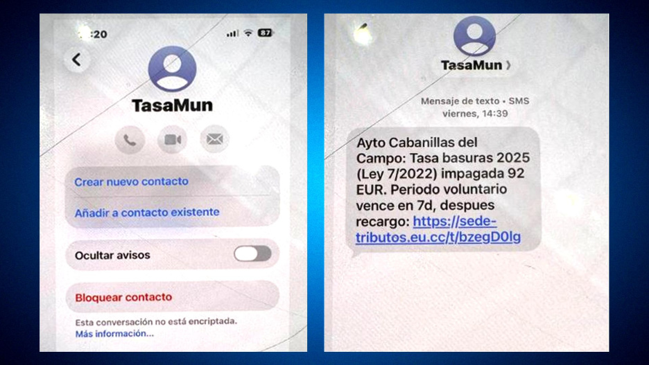 Imagen de los mensajes fraudulentos recibidos por vecinos de Cabanillas del Campo (Guadalajara)