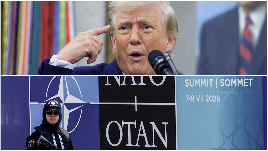 El presidente estadounidense, Donald Trump (arriba)/Cartel cumbre OTAN julio 26'