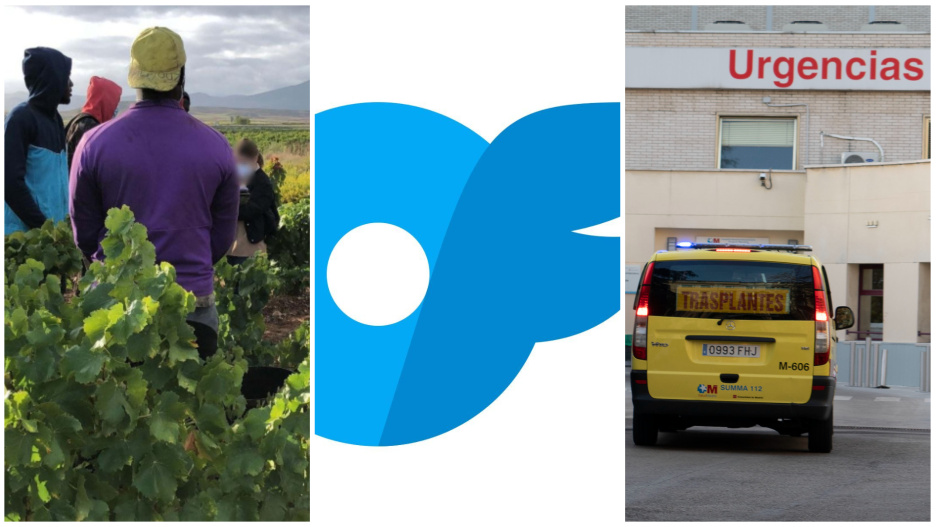 Explotación de migrantes en el campo (izda.)/Logo de Onlyfans (centro)/Ambulancia para trasplantes (dcha.)