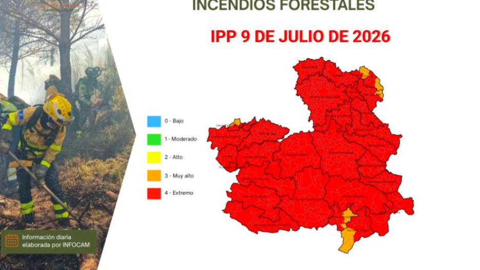 El riesgo de incendio forestal es extremo en prácticamente toda Castilla-La Mancha.