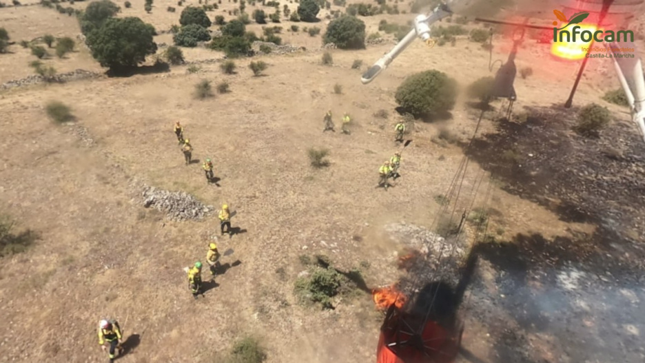 Bomberos forestales realizando laborales de extinción.