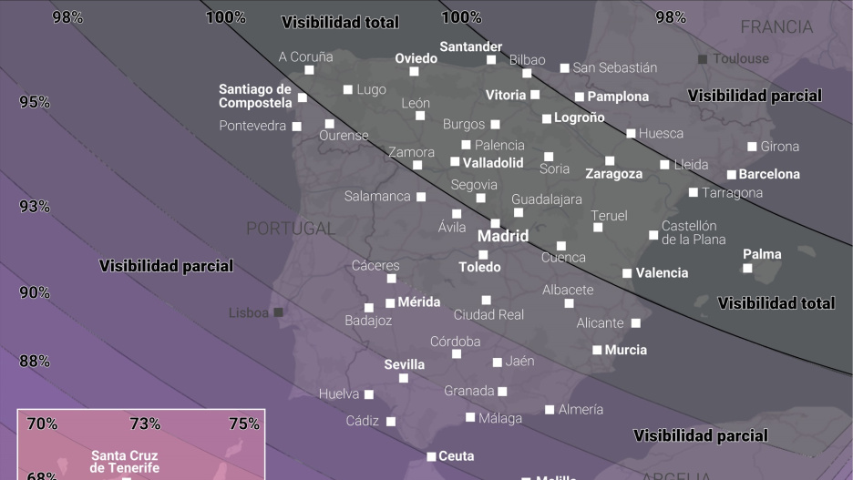 Infografía con visibilidad del eclipse en España el 12 de agosto de 2026. El eclipse solar total del 12 de agosto de 2026 podrá verse desde España y será uno de los fenómenos astronómicos más destacados de los próximos años. Ese día, la sombra de la Luna cruzará la Península de oeste a este y permitirá ver un eclipse total en buena parte de la mitad norte del país, mientras que en otras zonas se observará como parcial.

Europa Press / Europa Press
11 AGOSTO 2026;EPDATAINFOGRAFIA;DATOS;SOCIEDAD
11/8/2026